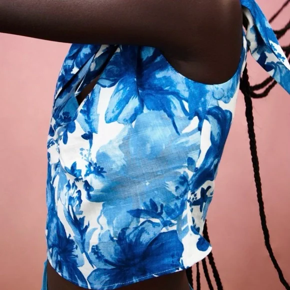 NEW Zara White & Blue Floral Crop Top - Picture 4 of 4